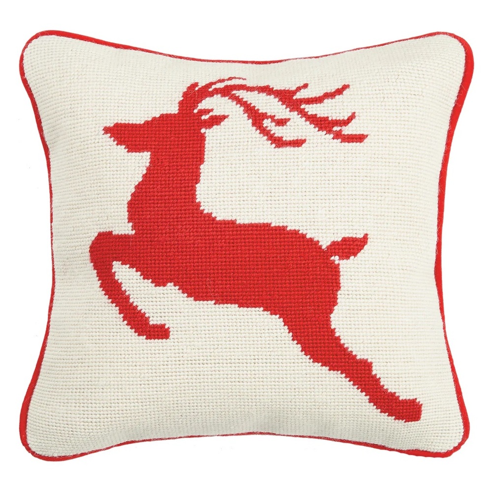 PEKING HANDICRAFTS NWT reindeer needlepoint throw pillow -cream/red -12x12